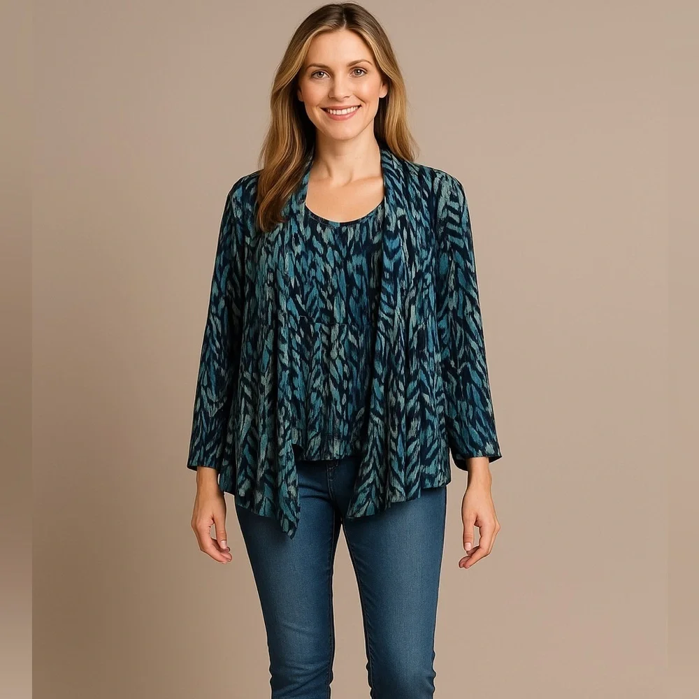 Chico’s Leaf-Print Mesh Cardigan and Matching Tank Set Size Medium Open Front